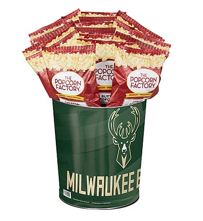 Milwaukee Bucks Popcorn Tin with 15 Bags of Popcorn